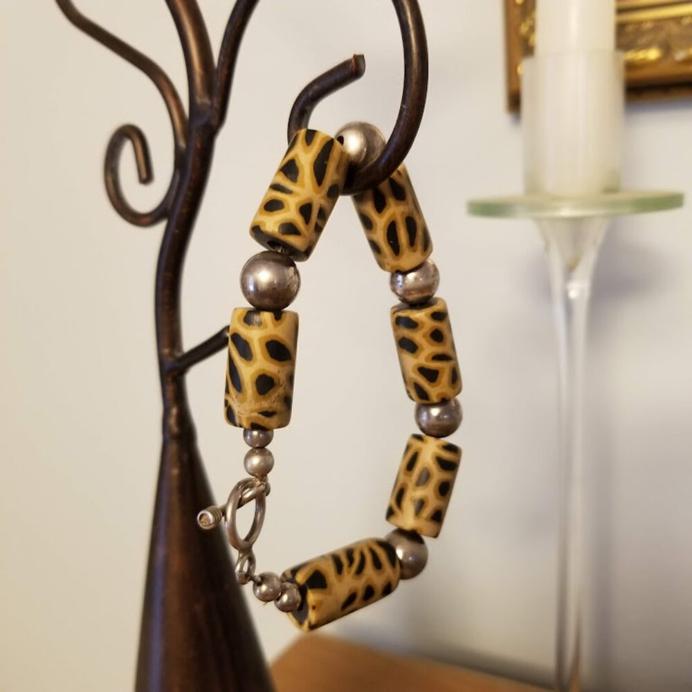 Silver Beads Cheetah Animal Print Beads 925 Toggle Bracelet, Boho Chic Jungle
